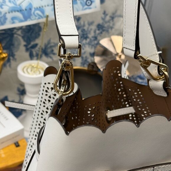 🆕 FURLA 🧿 NWOT Constanza Laser Cut Leather Drawstring Bucket Bag, Chalk - Picture 7 of 16